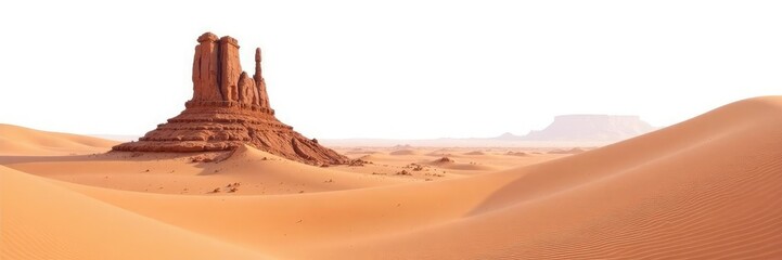 Desert landscape with a lone rock formation on white background, isolation, empty,