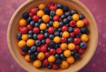 A bowl of mixed berries in a circular pattern of red orange yellow and purple hues, nutrition, fruit arrangement