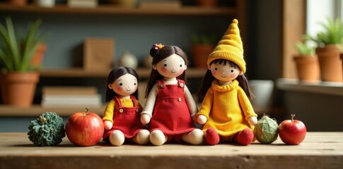 Dolls made of natural fibers on a wooden desk, natural fibers, table, hobby