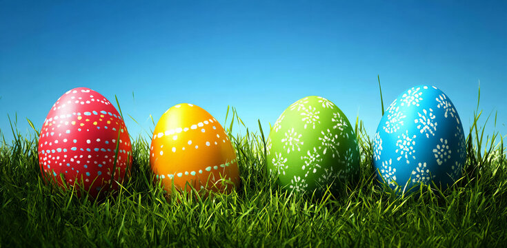 colorful easter eggs on green grass with blue sky background, banner,