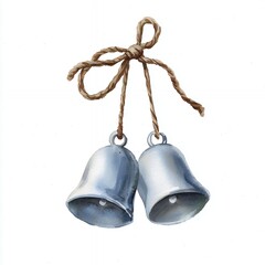 Pair of Silver Bells with Twine Bow Watercolor Painting