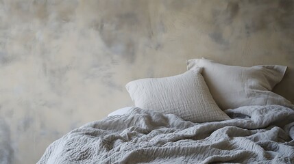 Obraz premium Textured linen bedding and pillows on bed against a rustic wall.