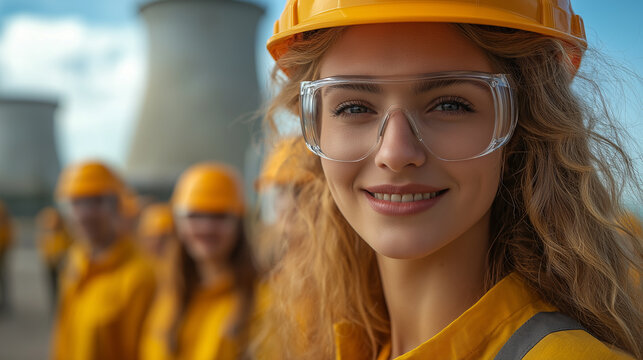 Diverse group of engineers and scientists collaborating on a project at a nuclear facility site in bright safety gear