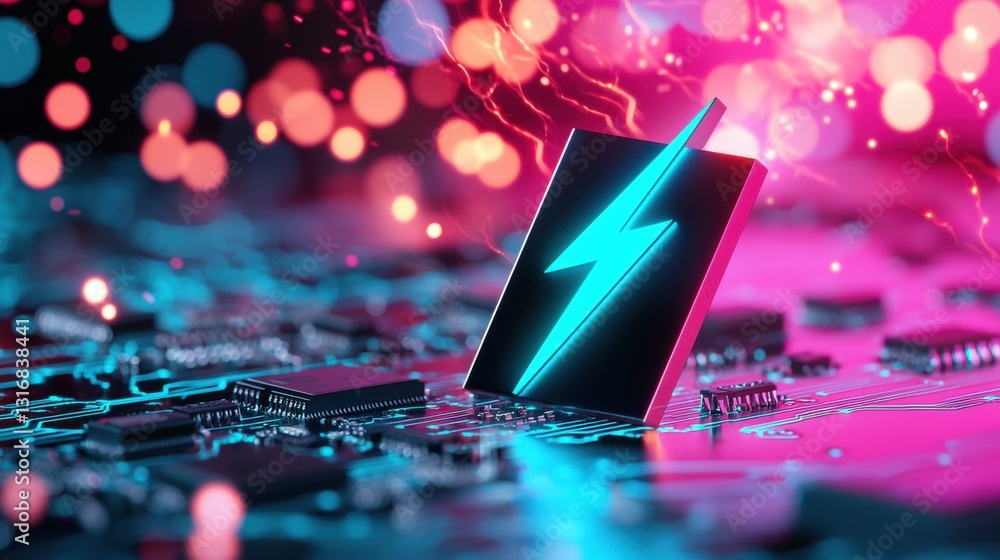 Poster a high tech circuit board with a neon blue lightning bolt seamlessly integrated into its circuitry, 