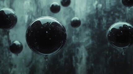 Abstract black glass orbs floating in space, their reflections dancing across a dark, minimalistic background 