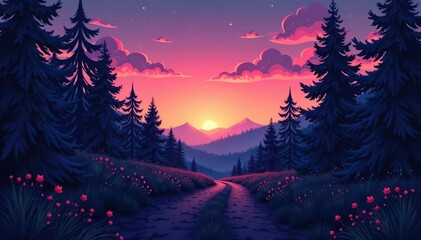 Naklejka premium Forest at dusk with gradient sky and empty path, dusk, foliage