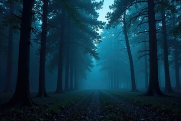 Forest at night with a dark background and white noise, wave, misty air, calmness