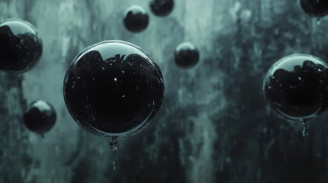 Abstract black glass orbs floating in space, their reflections dancing across a dark, minimalistic background 