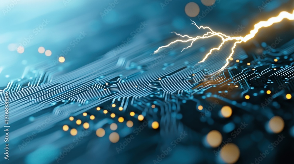Poster a transparent circuit board with data streams flowing through it, illuminated by a lightning bolt ru