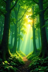 Fototapeta premium Forest canopy sunlight filtering through leafy greens, undergrowth, nature, foliage