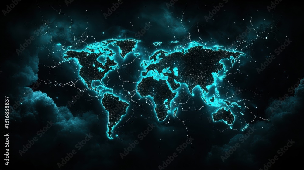 Poster a dark blue world map with continents outlined, overlaid with a network of lightning bolts connectin
