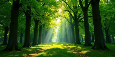 Obraz premium Forest canopy with beech trees and dappled light, sunlight, beech tree, wood