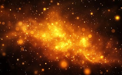 Fototapeta premium Abstract golden fire-like particles on a background, with glowing lights and a bokeh effect on a dark brown background. 