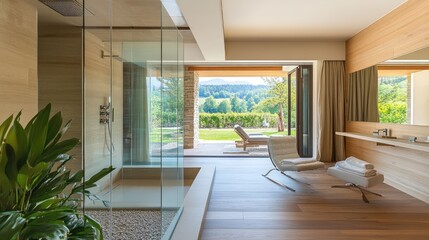 Fototapeta premium A glass divider elegantly separating a shower area from the dry zone.