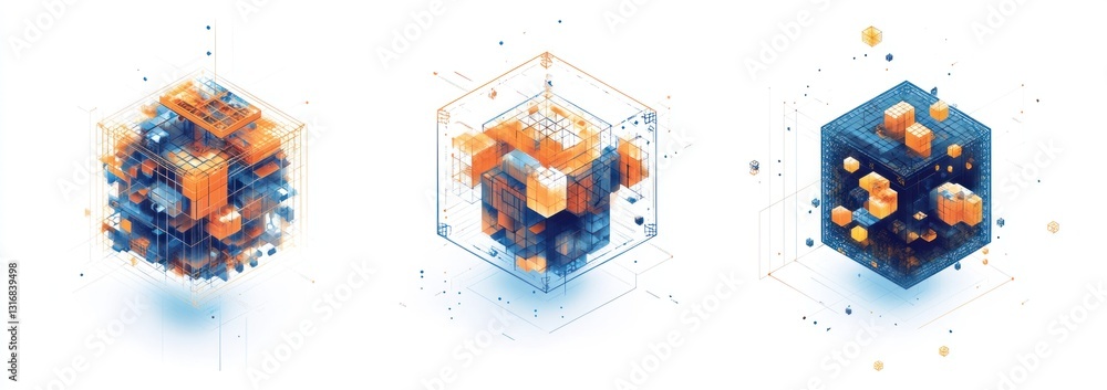 Poster abstract 3d cubes with geometric shapes and data visualization.