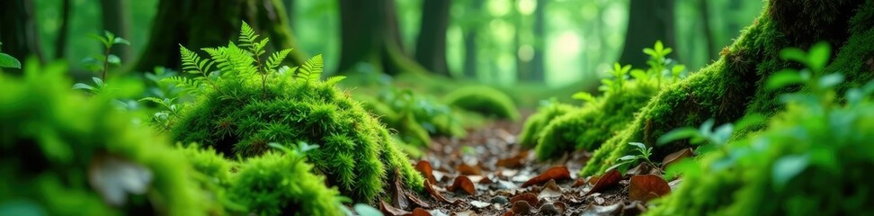 Forest floor covered with a soft layer of moss and ferns, mossy ground, forest understory, ferns