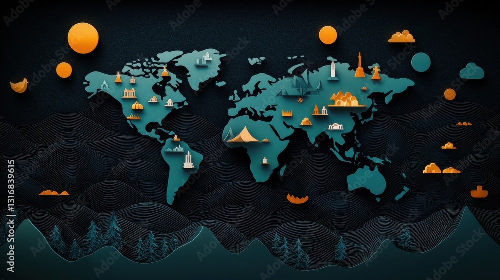 Aufkleber a stylized map using culturally significant symbols and patterns to represent different religious gr