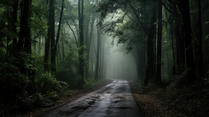 Naklejka premium trees dark forest road