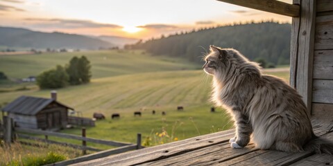 Obraz premium Cat enjoying sunset view over rolling hills rural landscape nature scene tranquil environment outdoor perspective
