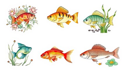 Naklejka premium Colorful Fish Illustrations Aquatic Life Nature Decoration