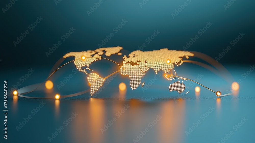 Poster a futuristic world map with glowing lines connecting major cities, representing global data flow, co