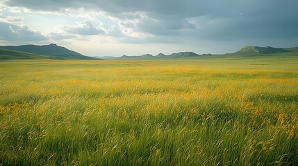 Obraz premium A breezy meadow with tall grass swaying, golden and green hues blending under a cloudy sky. 