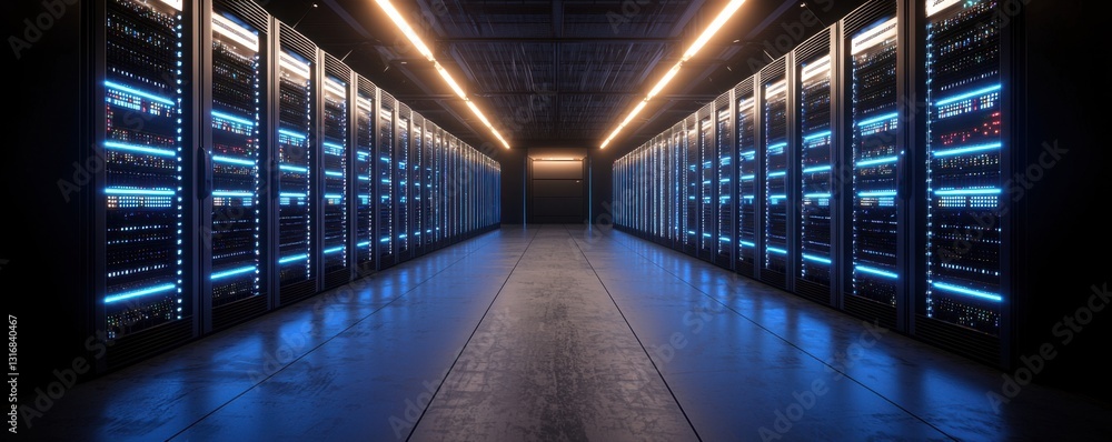Poster a dimly lit corridor in a data center showcases rows of servers with blue lighting, creating a futur