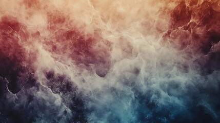 Abstract smoky cloudscape with red, orange, blue, and gray tones.