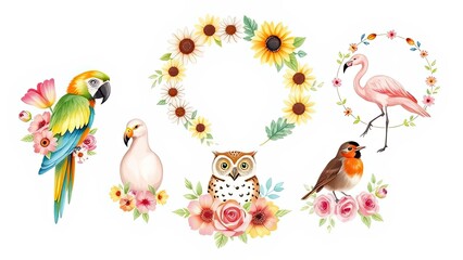 Obraz premium Colorful Birds Flowers Wreaths Watercolor Animal Illustration