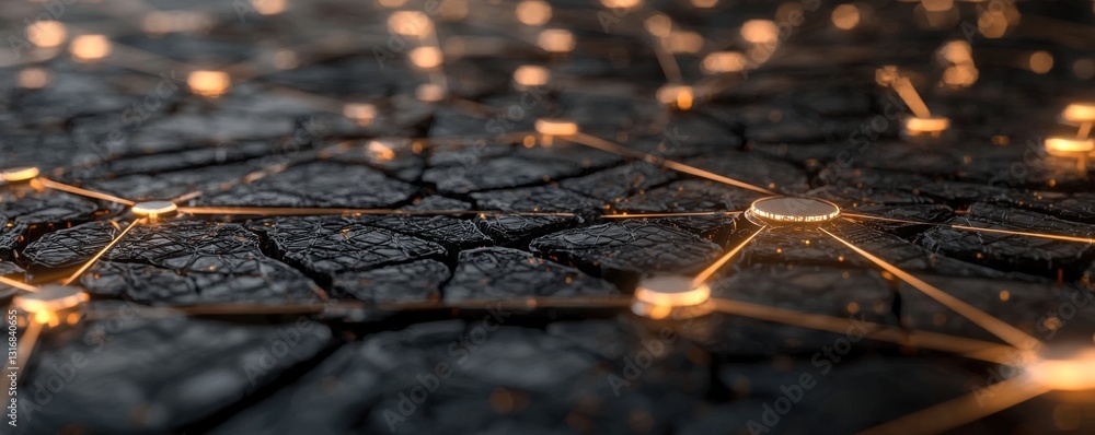 Poster a close-up view of a cracked surface illuminated by glowing connections, suggesting a network or tec