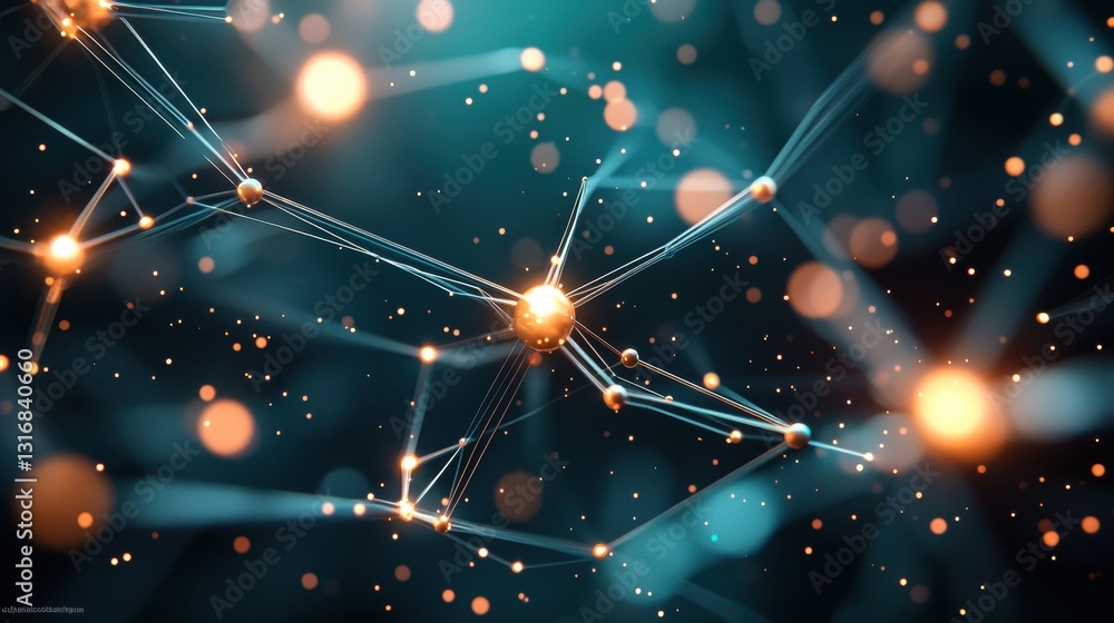Poster a complex network of glowing nodes and lines spanning a dark background, resembling a constellation 