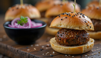 "A close-up of gourmet mini sliders served on a rustic wooden surface. The sliders consist of soft, golden-brown brioche buns topped with coarse salt and black sesame seeds, encasing juicy meatballs w