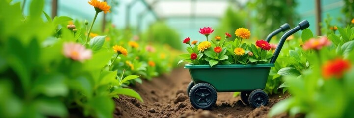 Fototapeta premium Greenery and flowers in a plastic garden cart, vegetation, greenhouse