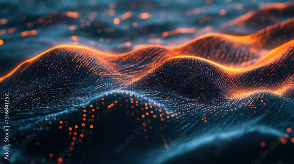 Poster abstract dark blue and orange glowing particle waves. ideal for tech, ai, and data visualization pro