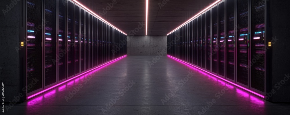Poster a modern server room featuring illuminated pathways and rows of high-tech equipment, emphasizing a s