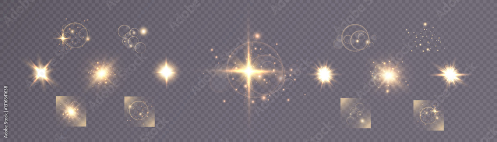 Poster set of light effects bright glowing light isolated on transparent background. bright flashes of glar