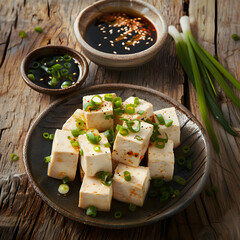 Neatly Arranged Plate of Tofu Cubes with Garnishes and Dipping Sauces on Rustic Wooden Table