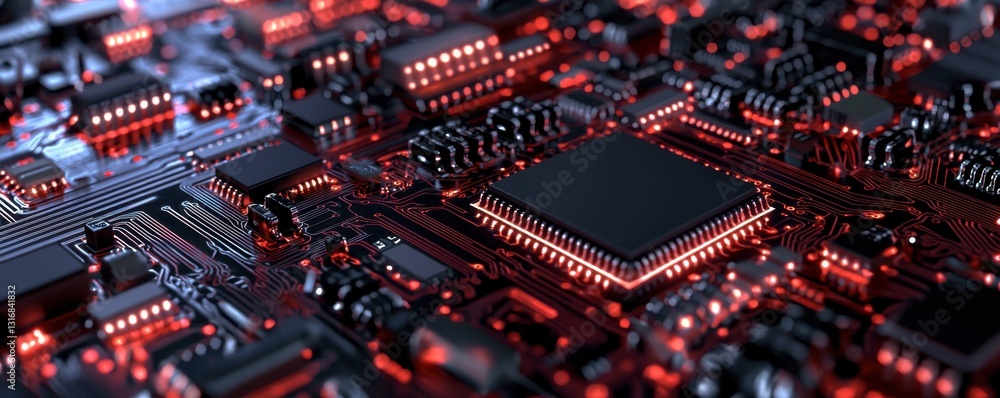 Poster a close-up view of a circuit board featuring intricate designs and glowing red lights, showcasing mo