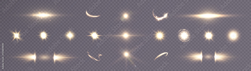 Poster set of light effects bright glowing light isolated on transparent background. bright flashes of glar