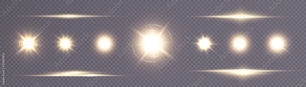 Poster set of light effects bright glowing light isolated on transparent background. bright flashes of glar