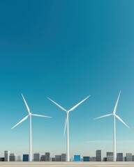 Clean Energy Wind Turbines Generating Power Above City Skyline Against a Clear Blue Sky