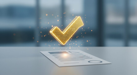 a digital hologram of a checkmark floating above a paper cutout document on a desk compliance and verification concept