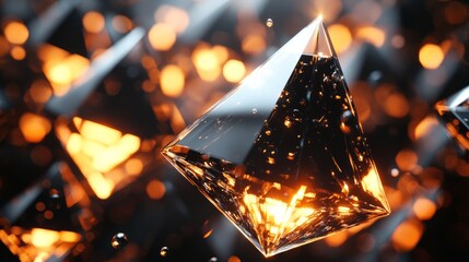 Black glass prisms and pyramids suspended in space, creating an intricate 3D composition with a glowing light source 