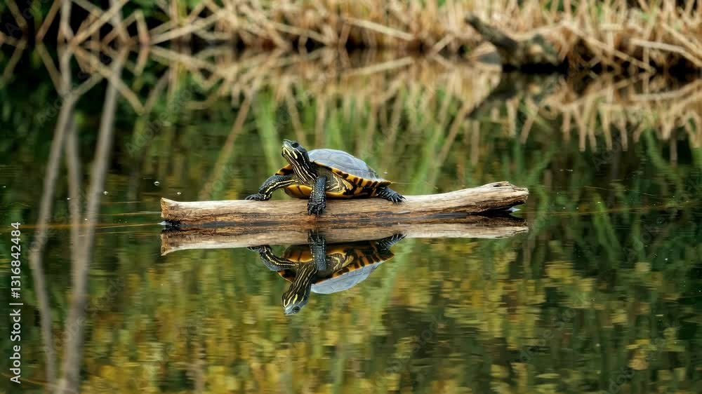 Poster Turtle resting on log in calm pond with reflection, serene nature scene. Wildlife concept