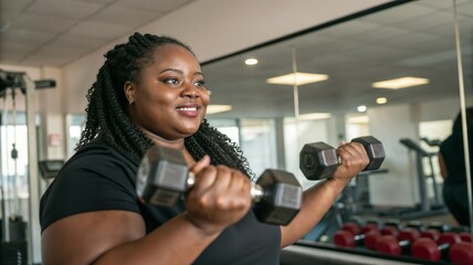 African American woman smiling while lifting dumbbells in a gym, fitness motivation