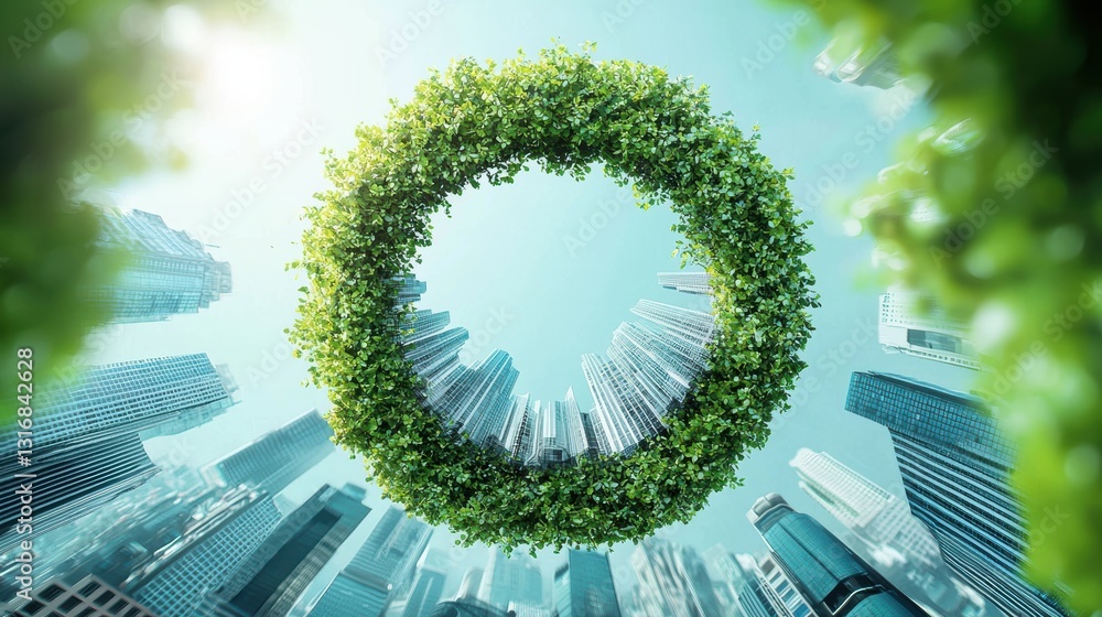 Poster a network of nodes and connections encircling a green, sustainable city, representing the potential 