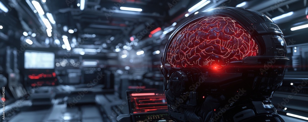 Poster a futuristic setting featuring a robotic head with a glowing brain, set against a high-tech, illumin