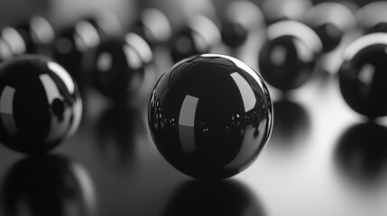 Black glass spheres reflecting light in different directions, scattered in 3D space, with a minimal dark background