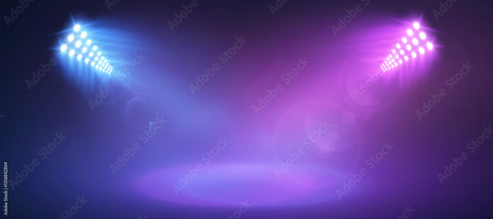 Poster illuminated stage with bright spotlight lighting. pink and blue vector spotlight with effect on brig