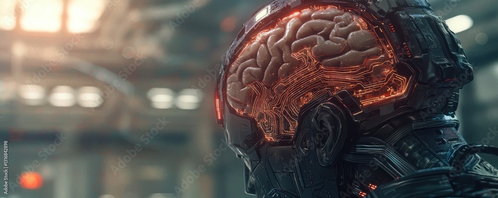 Poster a futuristic robot with a transparent skull revealing a glowing brain, set in a high-tech environmen